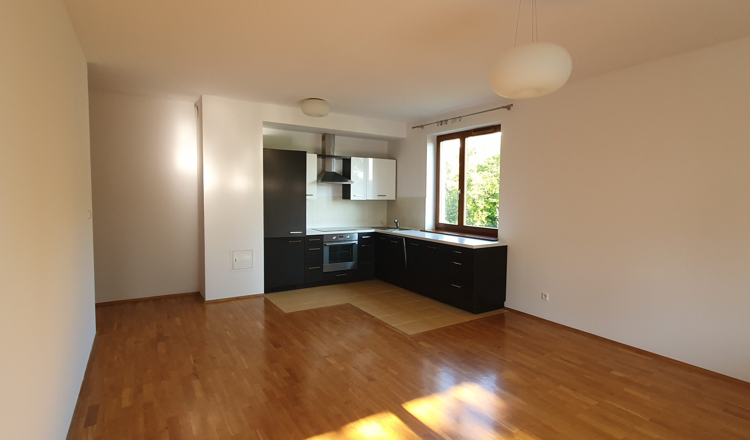 tak wygląda pusty smutny salon z aneksem kuchennym